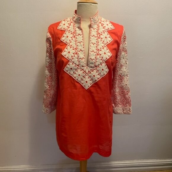 RARE Tory Burch cotton voile tunic in orange w/white heavy embroidery & eyelet - Picture 1 of 6